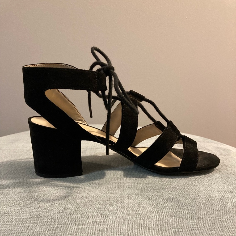 Nine West Suede Lace-Up Block Heel Sandal, Black, Size 7.5, 2.5 Inch Heel